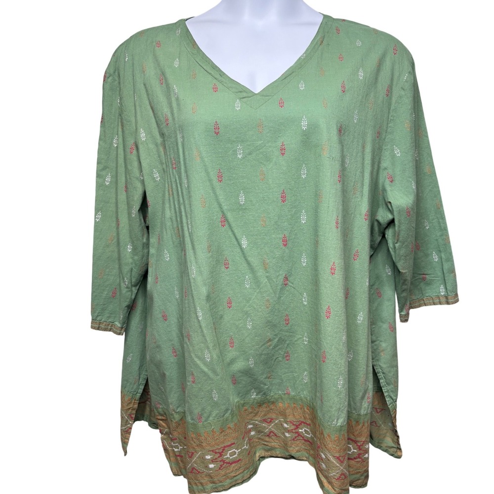 AYURVASTRAM Womens Green Foil Print Cotton Tunic Top 3X Boho Flowy Artsy Indian